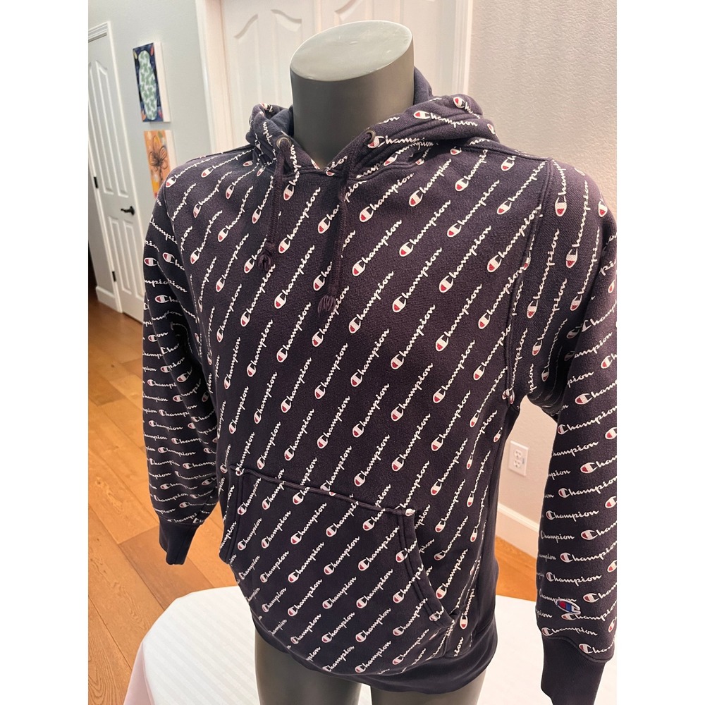 Champion Reverse Weave Hoodie Mens Medium Navy Blue Excellent All Over Print